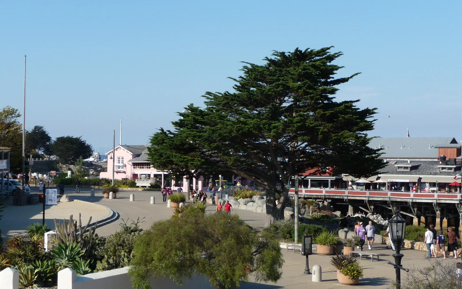 Scenic view of Monterey Bay with coastal landscape, trees, and the Monterey Peninsula region